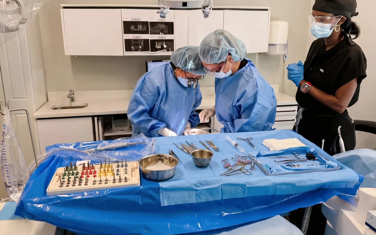 Deux membres de l’équipe du Centre dentaire Champfleury pendant une chirurgie de pose d’implant